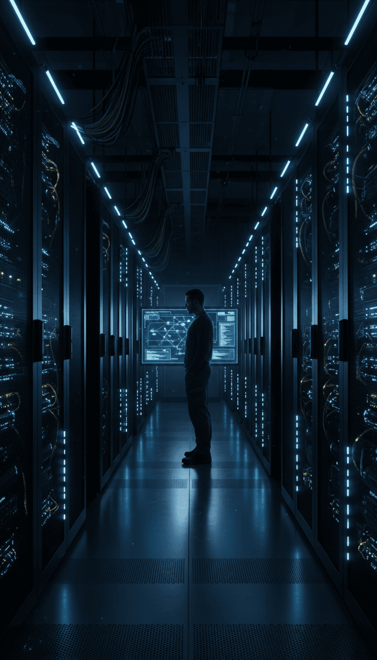 IT technician monitoring high-availability server infrastructure and network systems