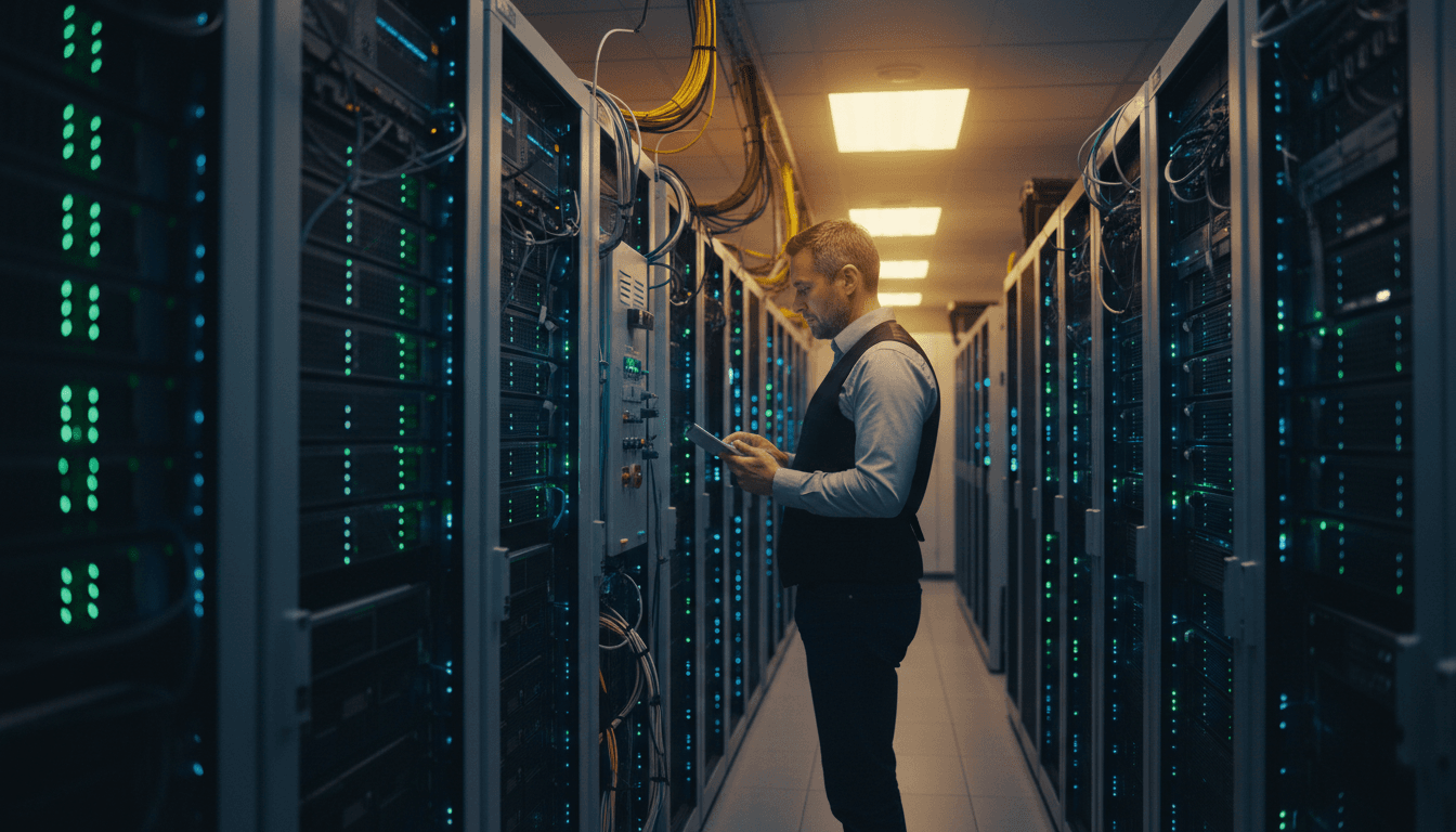 IT professional examining infrastructure in a secure data center
